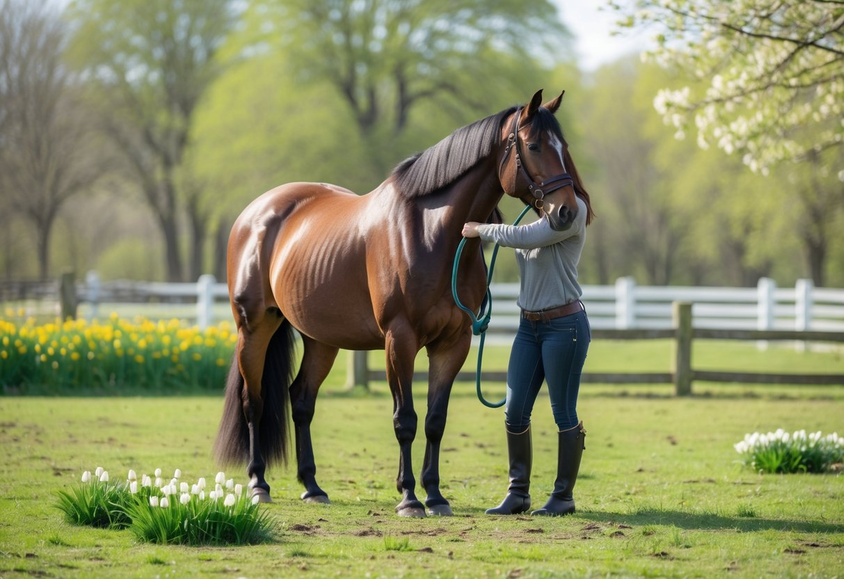 En person børster en hest utendørs i en grønn beiteområde om våren.