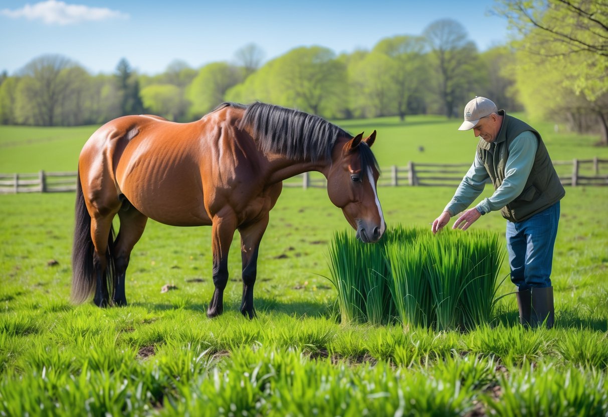 En bonde som passer på en hest som beiter i en grønn våreng.