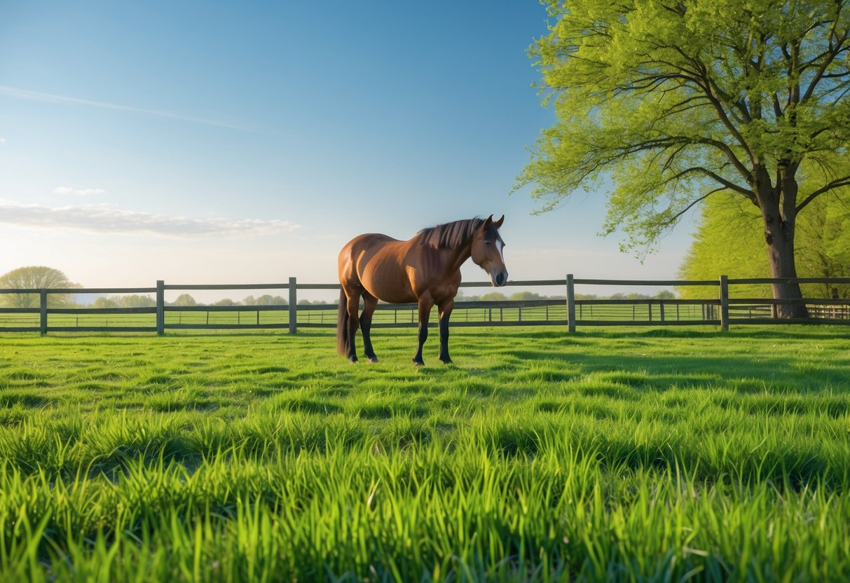 En hest som beiter rolig på grønt gress i en inngjerdet beite under en klar blå himmel om våren.