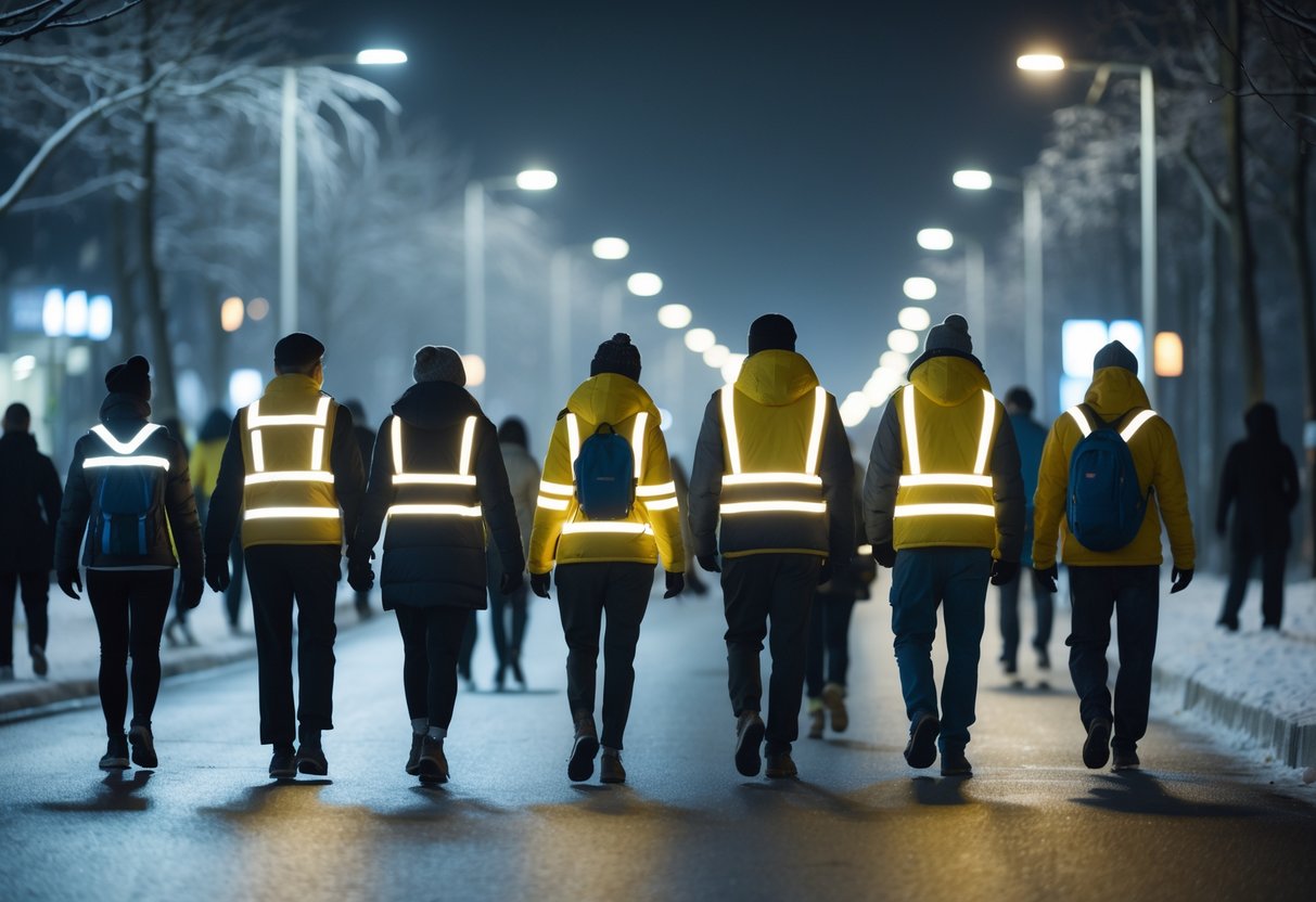 Personer som går langs en mørk gate om vinteren, iført refleksutstyr som gjør dem synlige i mørket.