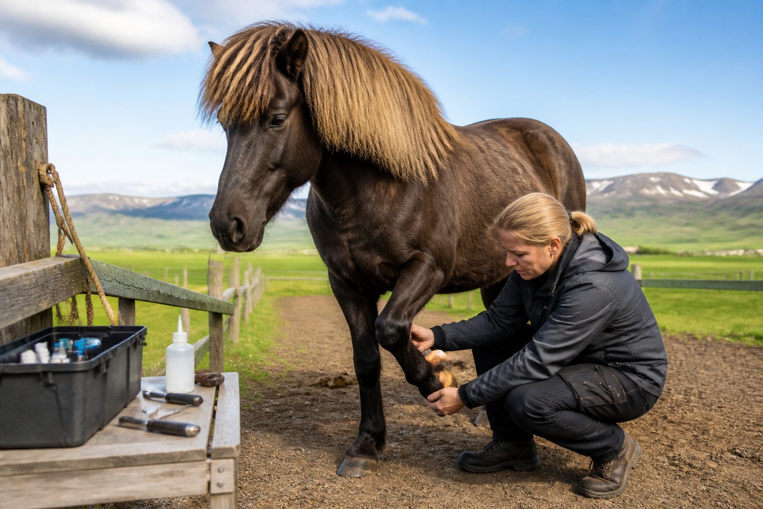 En islandshest står ute på beite mens en veterinær undersøker hovene dens.