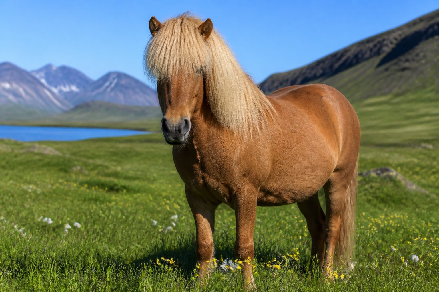 En islandshest som står rolig på en grønn eng under en klar blå himmel.